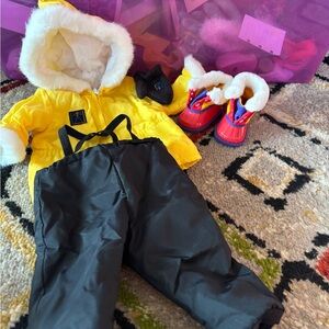 Yellow Fur-Trim Hooded Jacket with Black Snow Pants Set